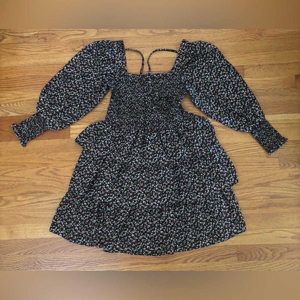 Byinns Tiered Dress Women’s XL Floral Square Neck Mini Long Sleeve Tie Back